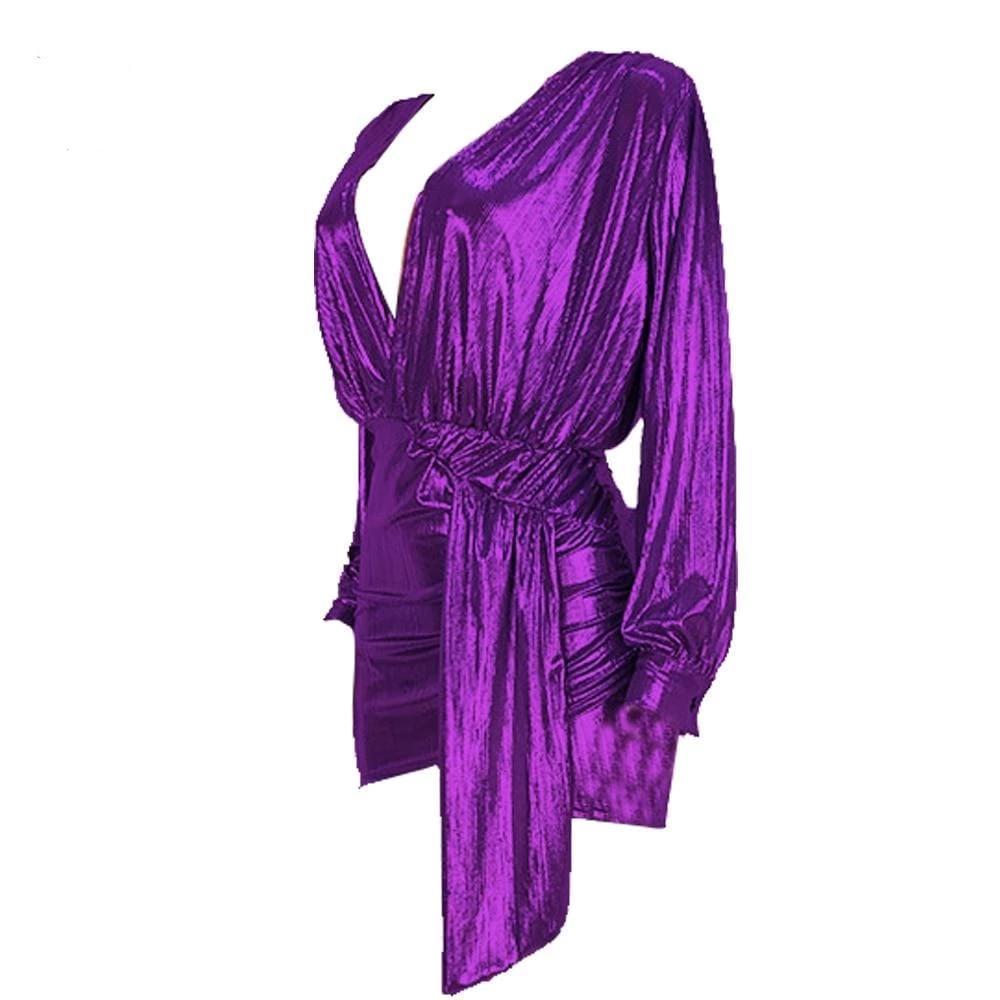 PURPLE METALLIC RUCHED MINI DRESS - TGC Boutique - Purple Mini Dress