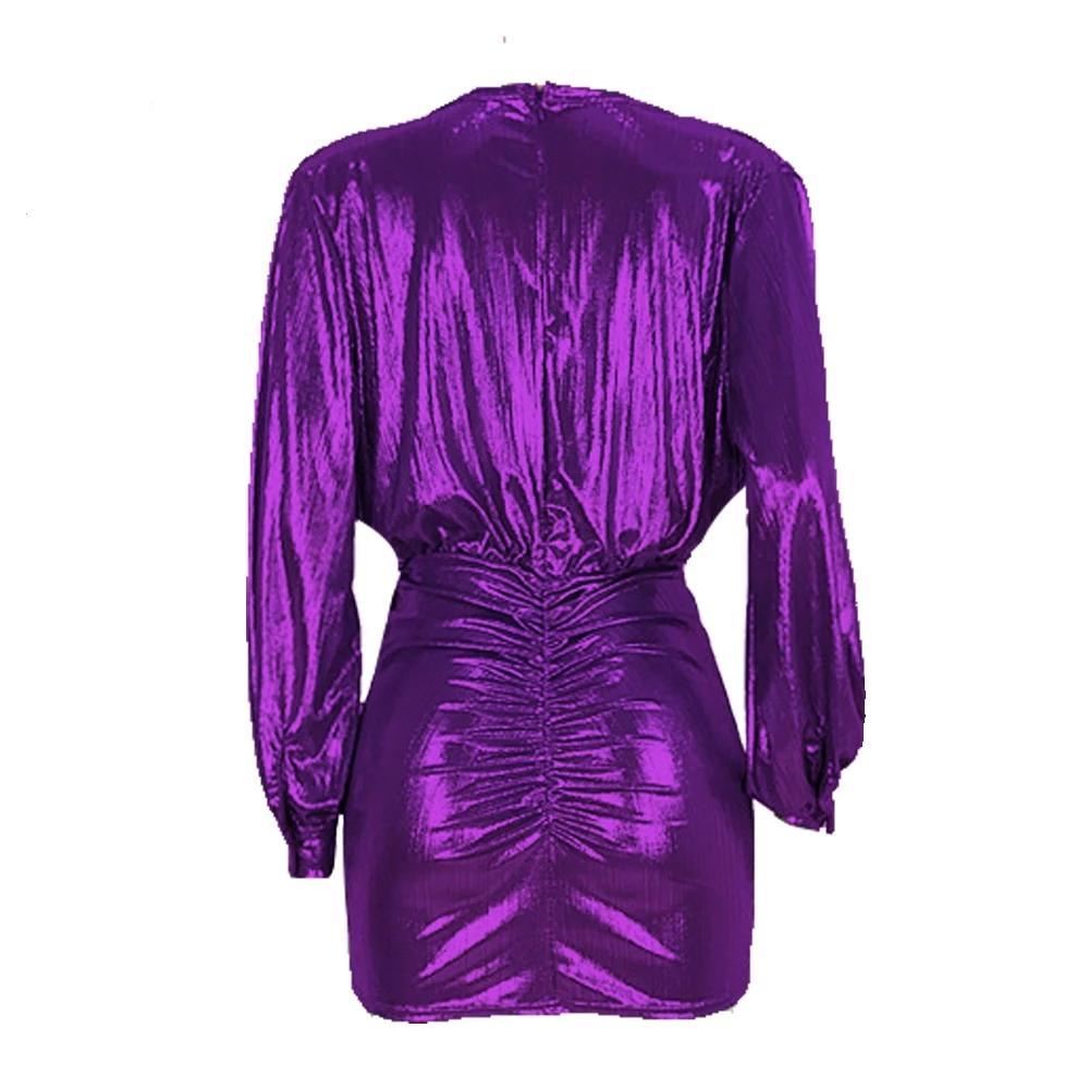PURPLE METALLIC RUCHED MINI DRESS - TGC Boutique - Purple Mini Dress