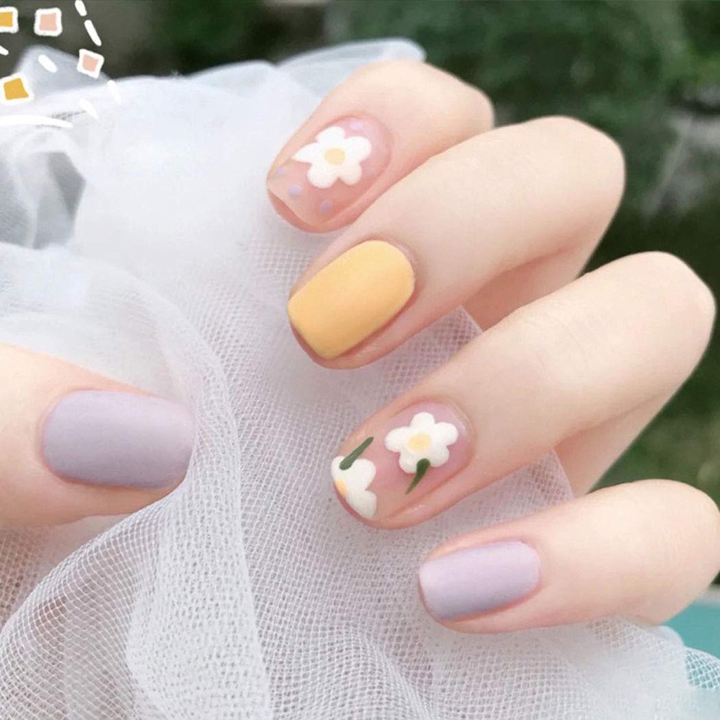 Purple Press On Nails Yellow Glossy Coffin Flower Nail Kit - TGC Boutique - Press On Nails