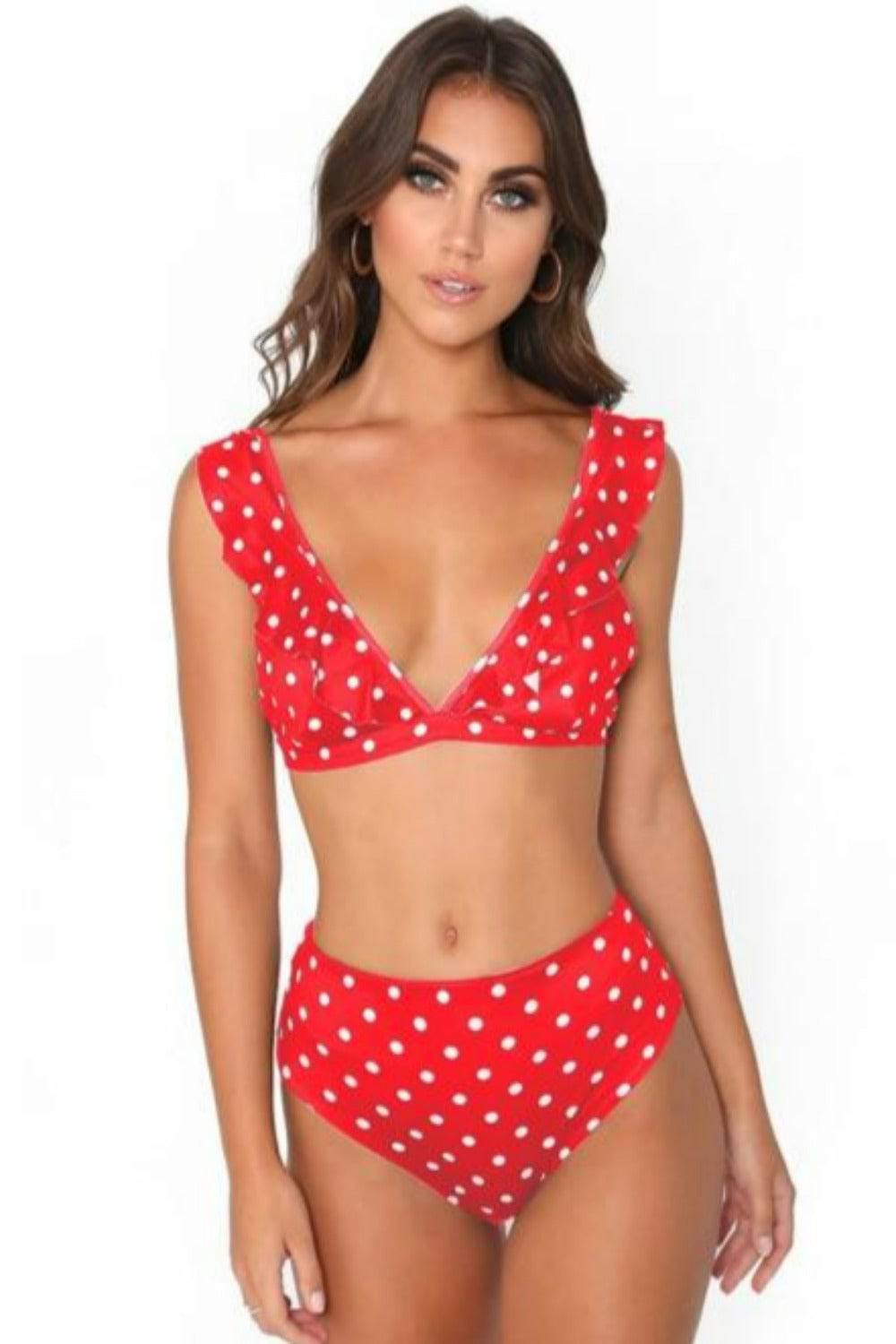 Rachel Polka Dot Ruffle Red High Waisted Bikini - TGC Boutique - Bikini