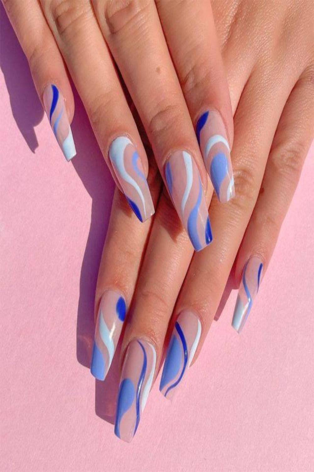 Rainbow Blue French Tip Wave Swirl Press On Nails Kit - TGC Boutique - Press On Nails