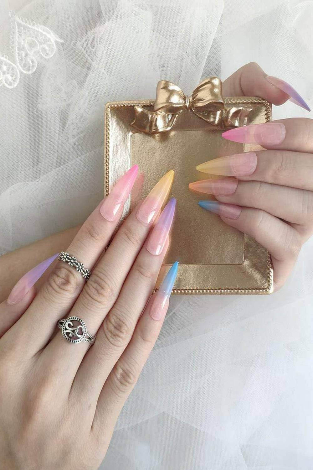 Rainbow Ombre Press On Nails Glossy Stiletto Tip Nail Kit - TGC Boutique - Press On Nails