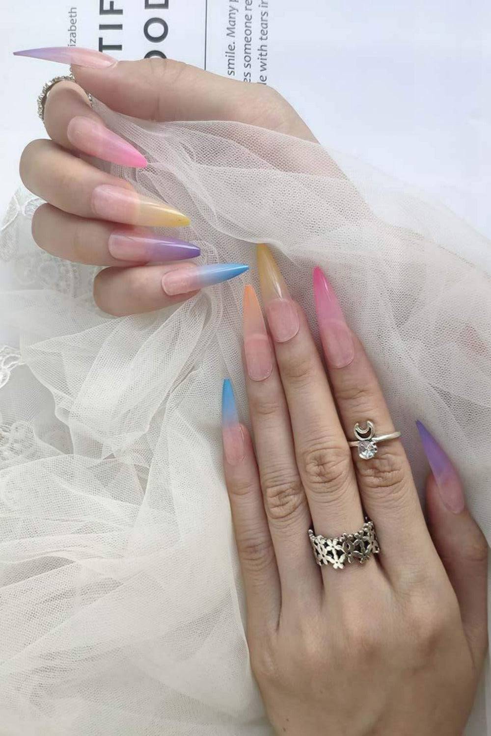 Rainbow Ombre Press On Nails Glossy Stiletto Tip Nail Kit - TGC Boutique - Press On Nails