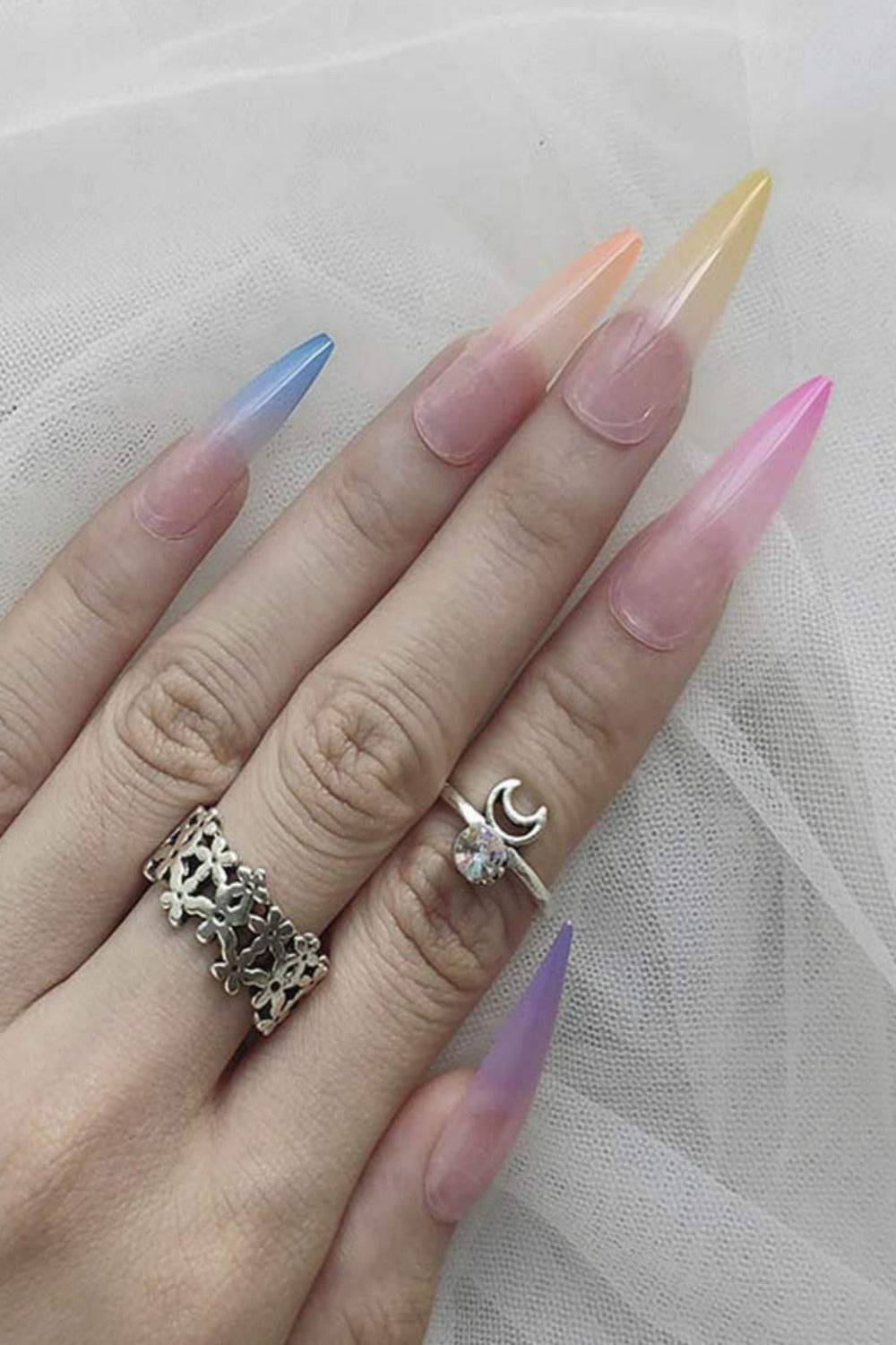 Rainbow Ombre Press On Nails Glossy Stiletto Tip Nail Kit - TGC Boutique - Press On Nails