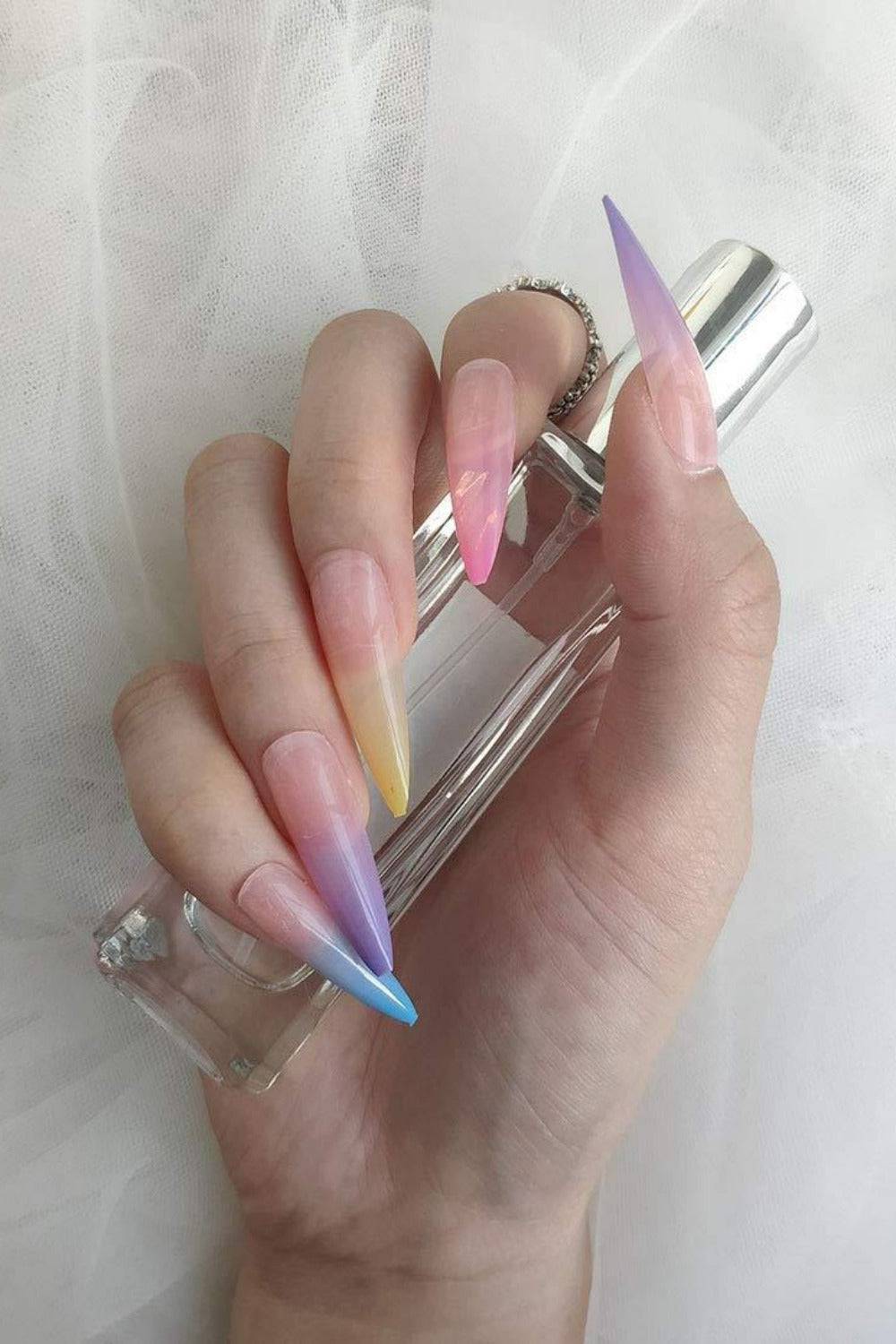 Rainbow Ombre Press On Nails Glossy Stiletto Tip Nail Kit - TGC Boutique - Press On Nails