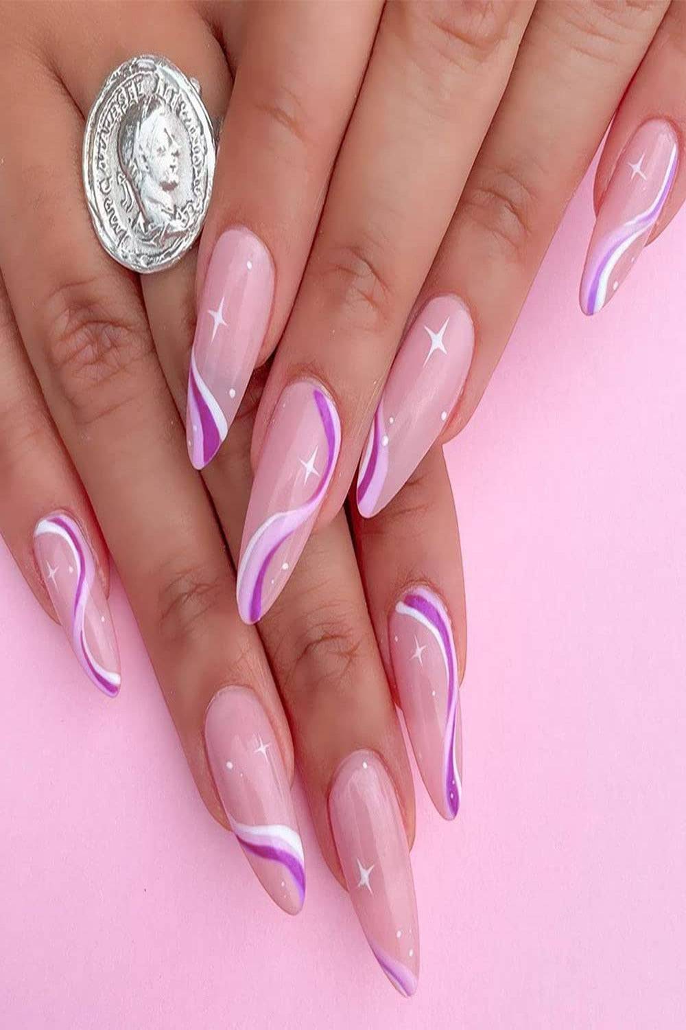 Rainbow Purple And White French Tip Wave Swirl Press On Nails Kit - TGC Boutique - Press On Nails