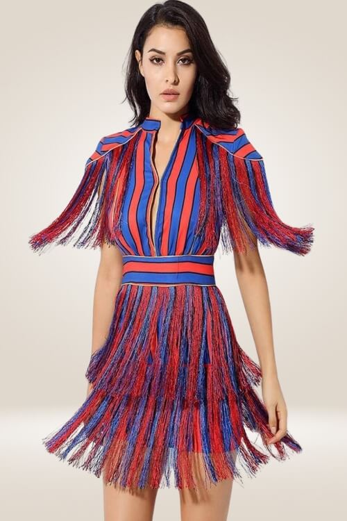 Red And Blue Striped Fringe Mini Dress - TGC Boutique - Mini Dress