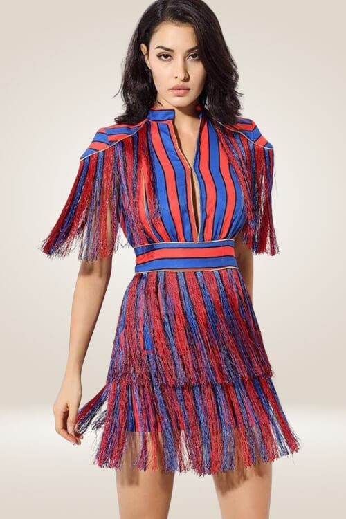 Red And Blue Striped Fringe Mini Dress - TGC Boutique - Mini Dress