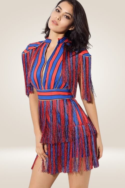 Red And Blue Striped Fringe Mini Dress - TGC Boutique - Mini Dress