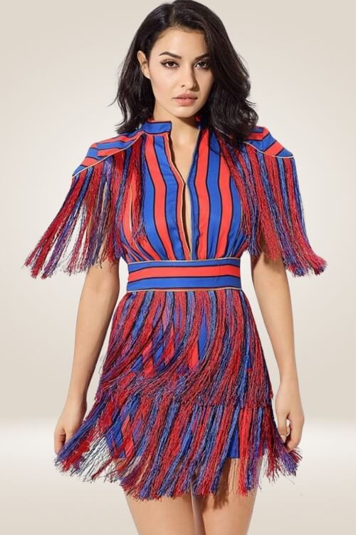 Red And Blue Striped Fringe Mini Dress - TGC Boutique - Mini Dress