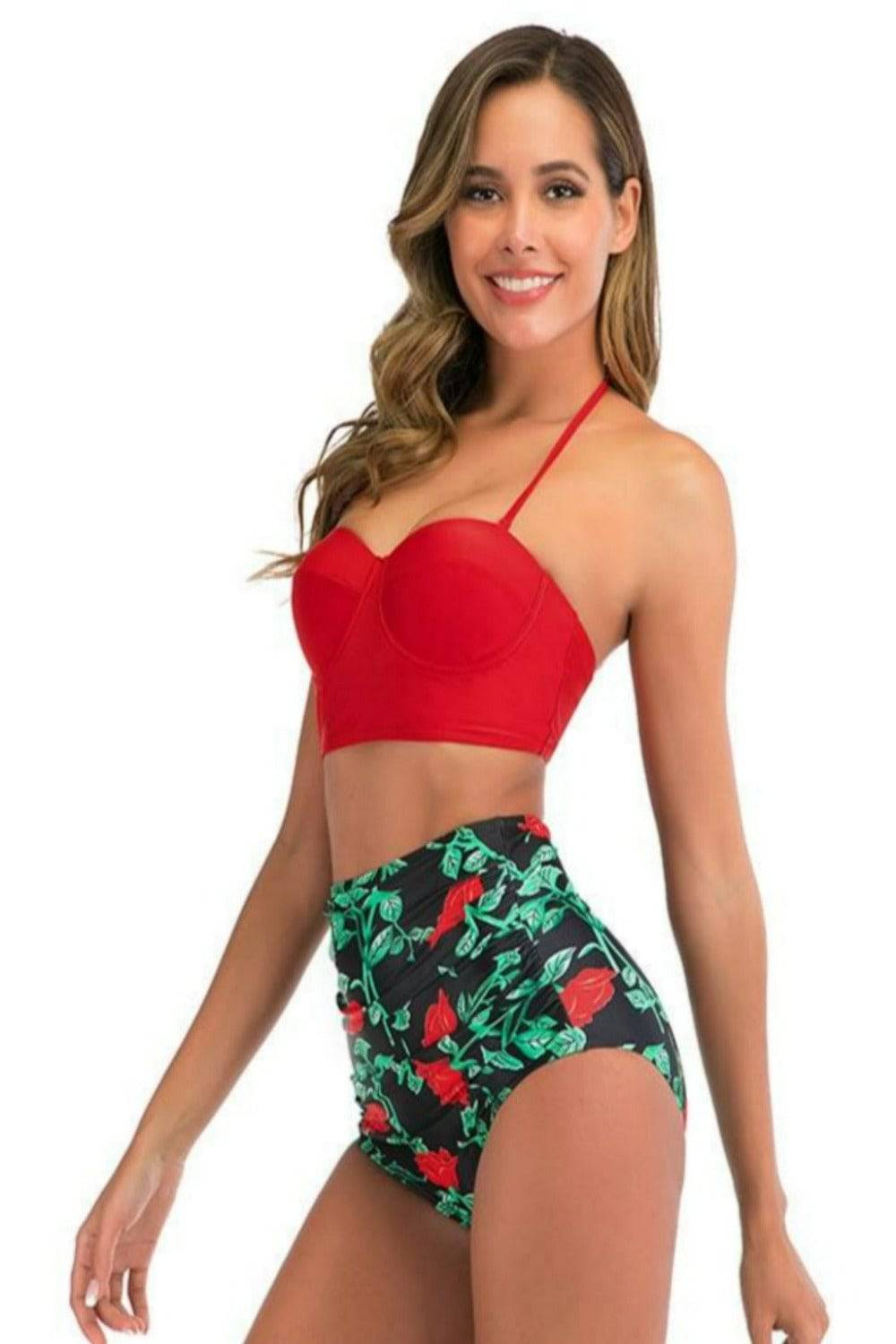 Red Floral Bikini High Waisted Bustier Bra Two-Piece Swimsuit - TGC Boutique - Swimsuit