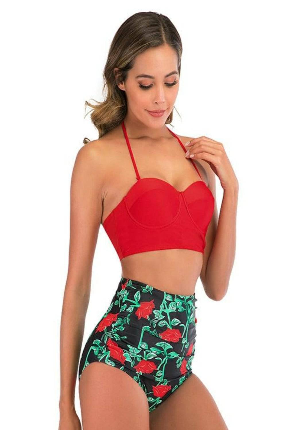 Red Floral Bikini High Waisted Bustier Bra Two-Piece Swimsuit - TGC Boutique - Swimsuit