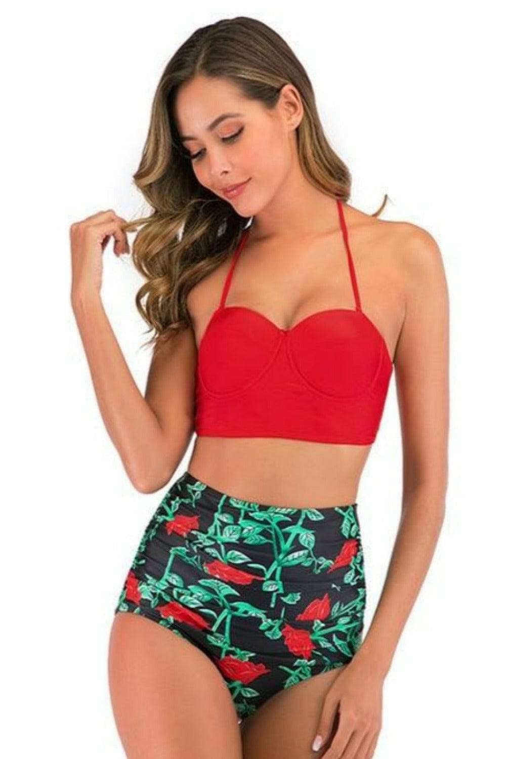 Red Floral Bikini High Waisted Bustier Bra Two-Piece Swimsuit - TGC Boutique - Swimsuit