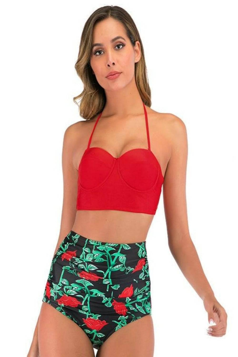 Red Floral Bikini High Waisted Bustier Bra Two-Piece Swimsuit - TGC Boutique - Swimsuit
