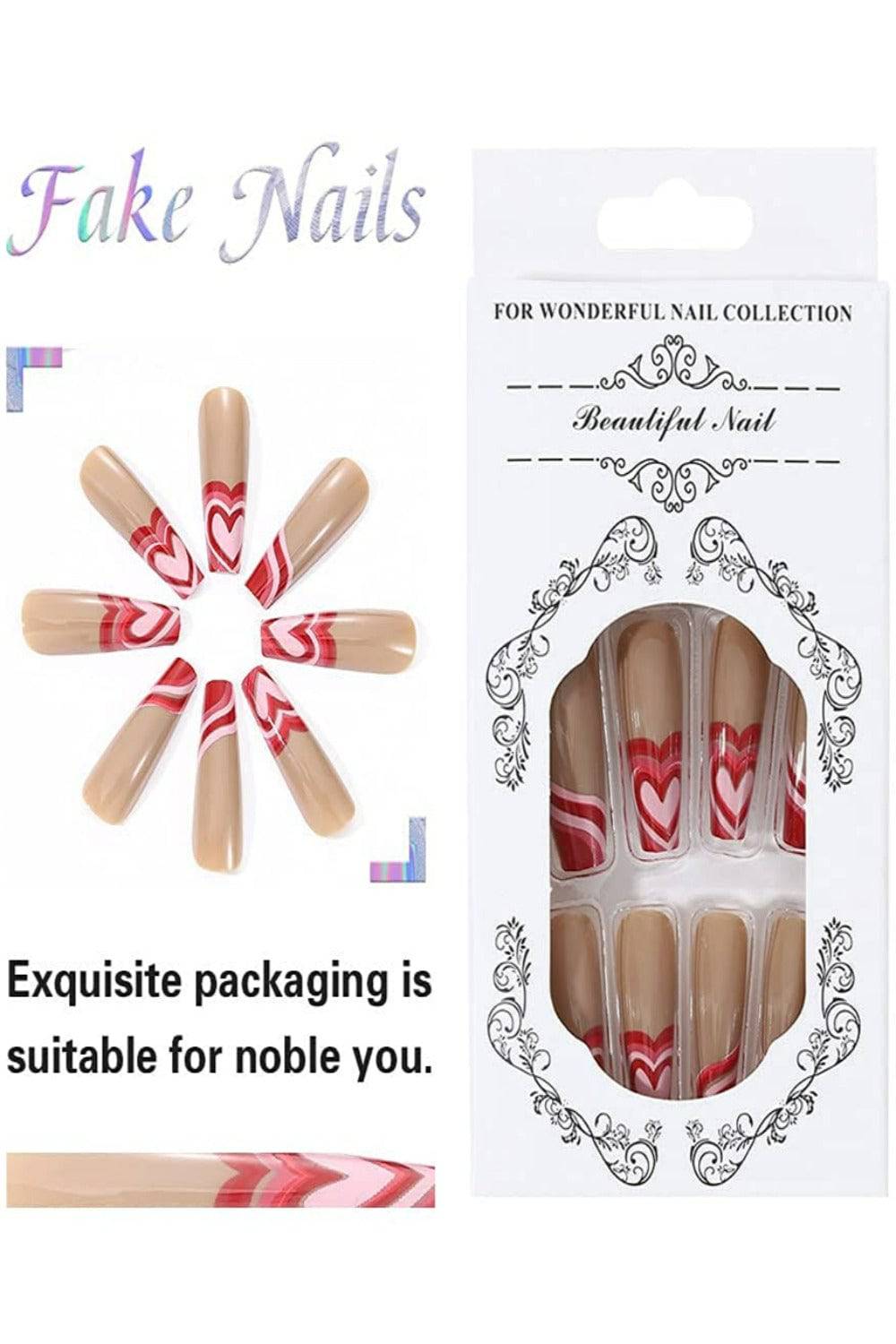 Red Heart French Tip Coffin Wave Swirl Press On Nails Kit - TGC Boutique - Press On Nails