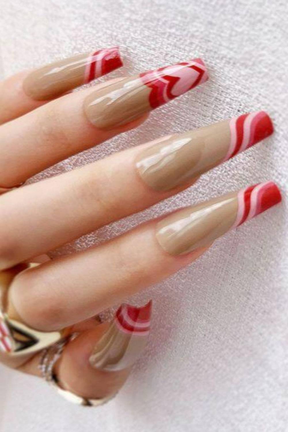 Red Heart French Tip Coffin Wave Swirl Press On Nails Kit - TGC Boutique - Press On Nails