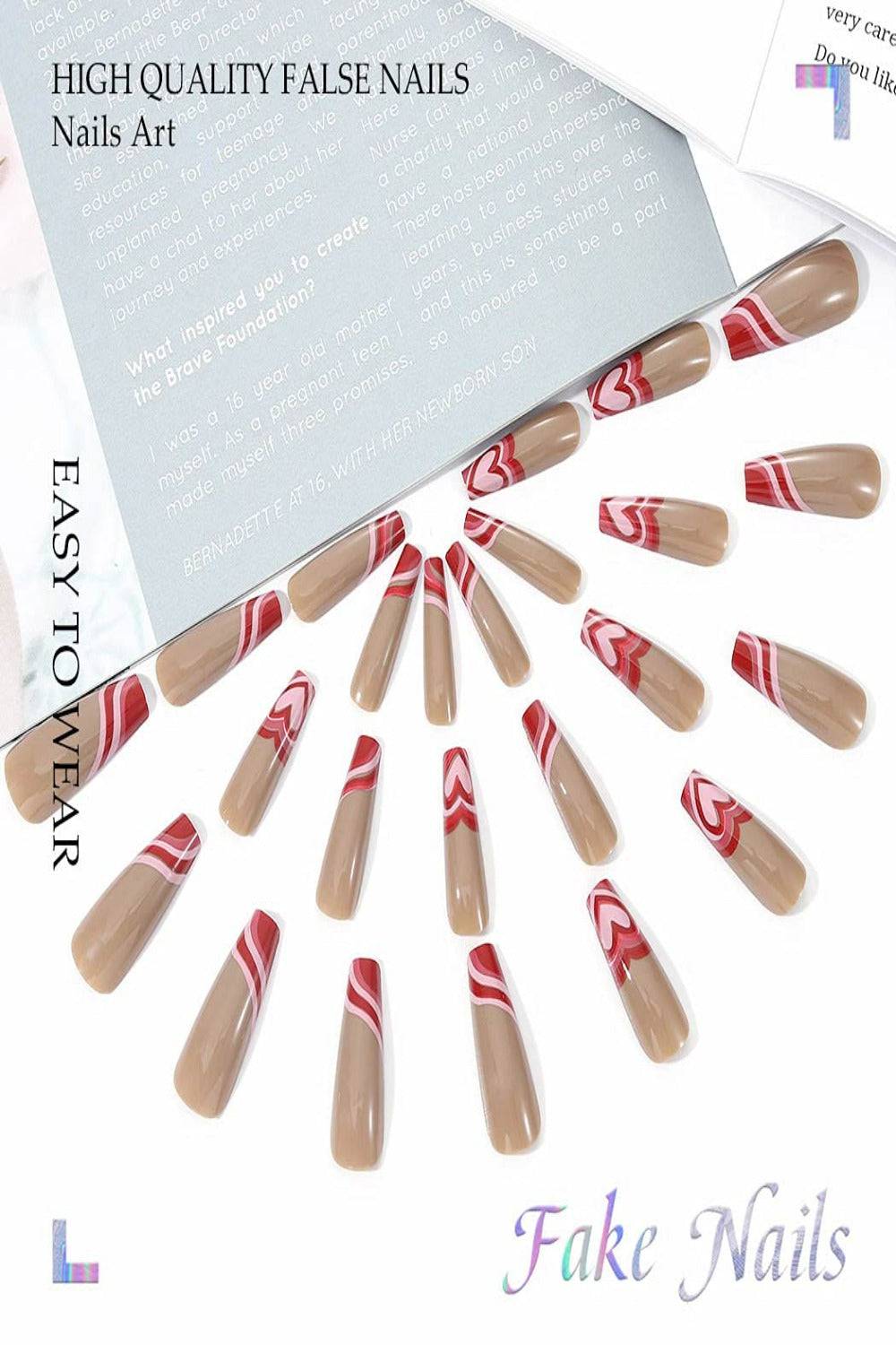 Red Heart French Tip Coffin Wave Swirl Press On Nails Kit - TGC Boutique - Press On Nails