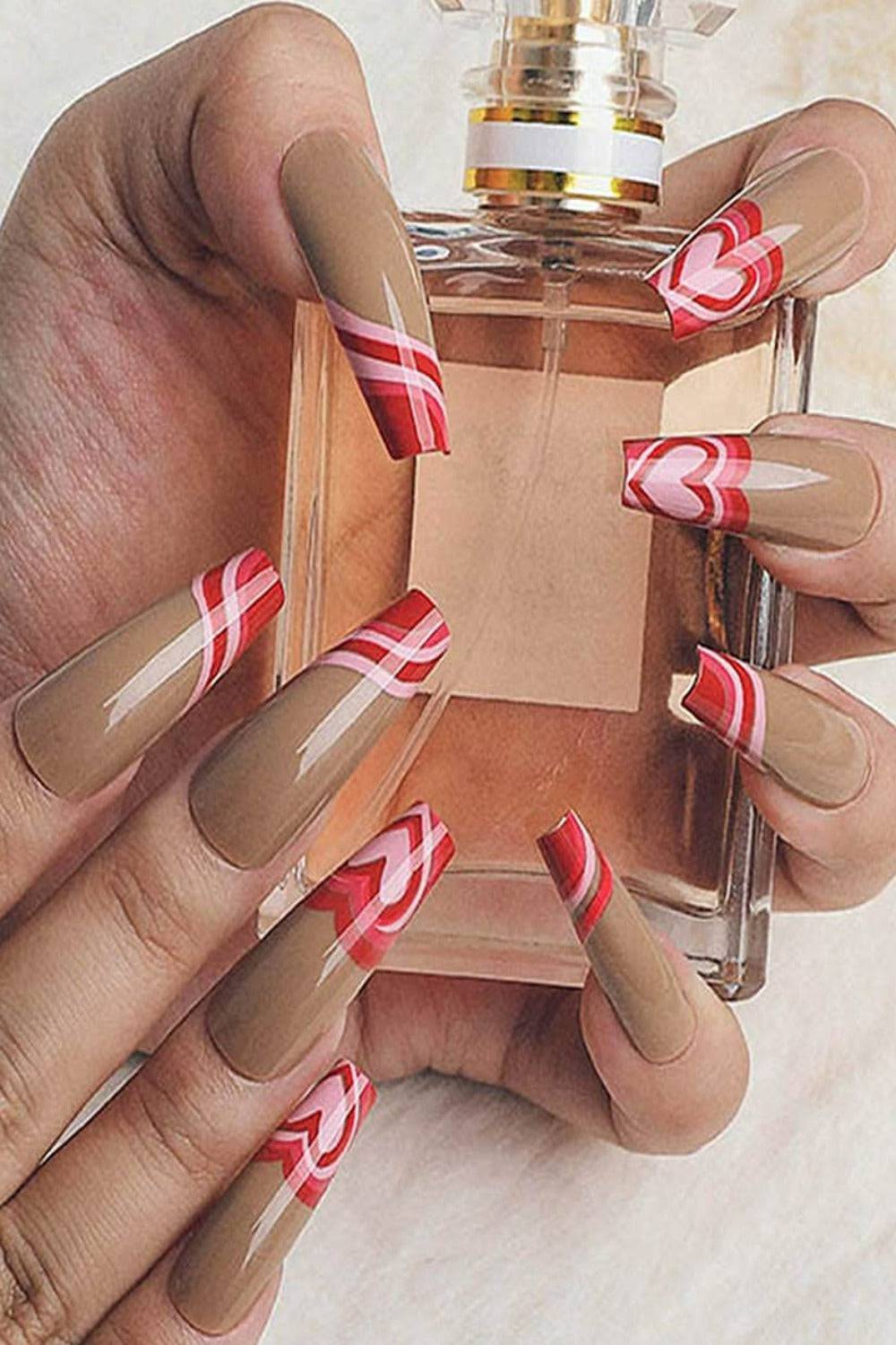Red Heart French Tip Coffin Wave Swirl Press On Nails Kit - TGC Boutique - Press On Nails