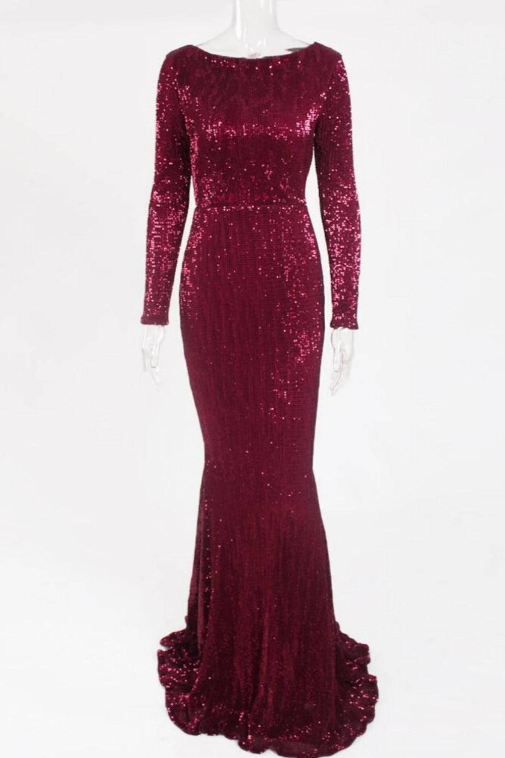 Red Long Sleeve Sequins Mermaid Maxi Dress - TGC Boutique - Red Evening Gown
