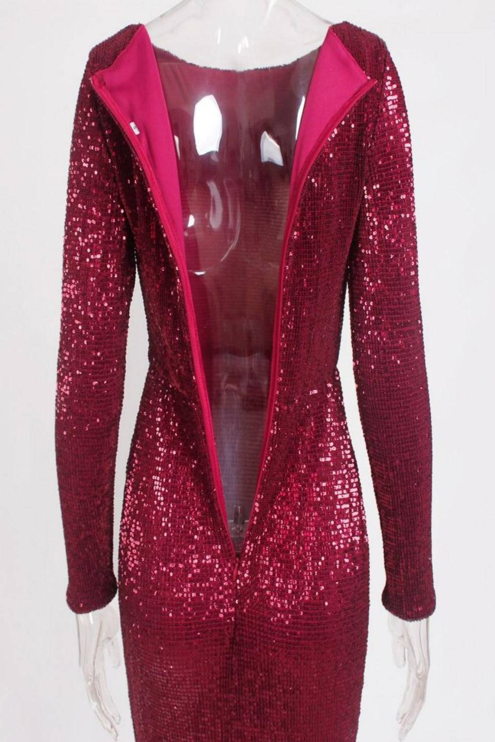 Red Long Sleeve Sequins Mermaid Maxi Dress - TGC Boutique - Red Evening Gown