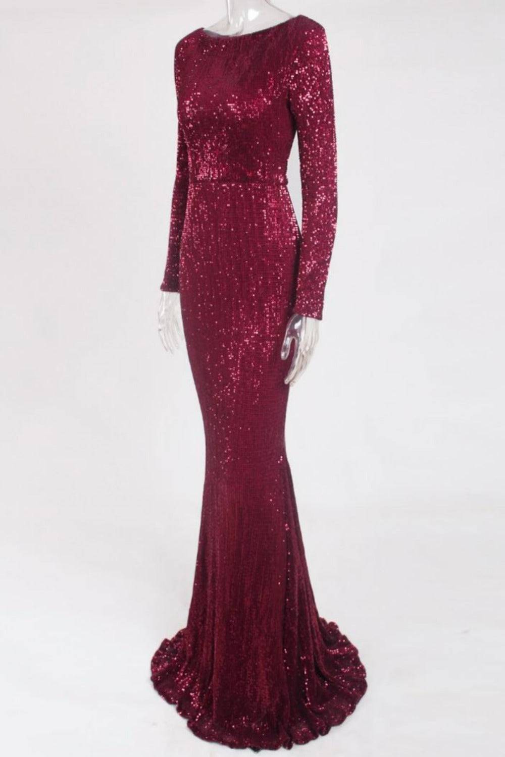 Red Long Sleeve Sequins Mermaid Maxi Dress - TGC Boutique - Red Evening Gown