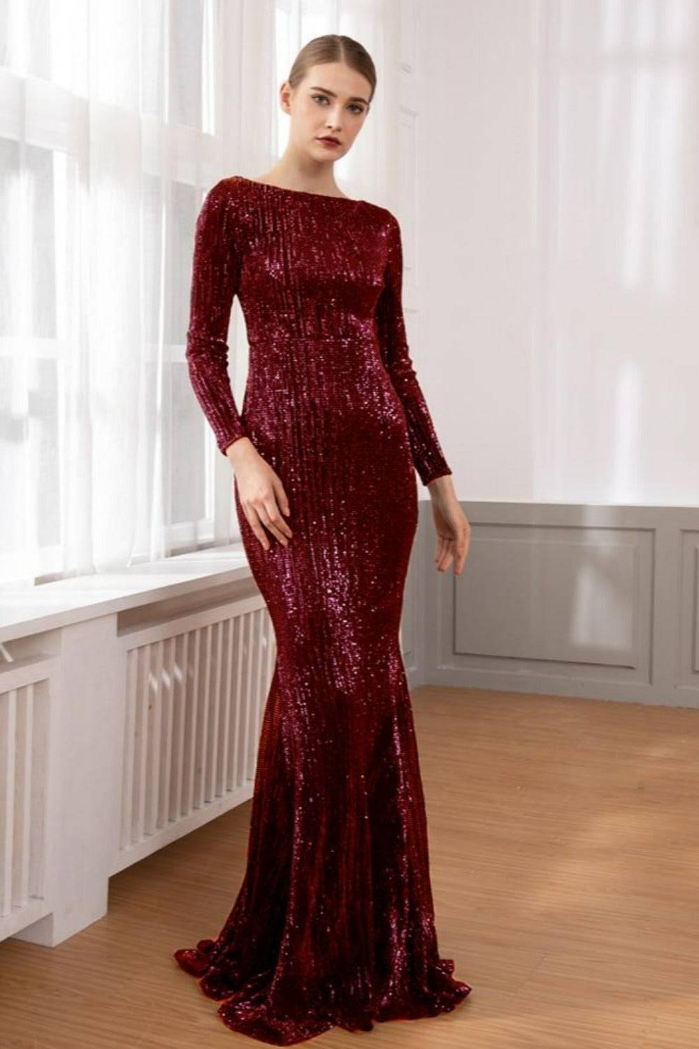 Red Long Sleeve Sequins Mermaid Maxi Dress - TGC Boutique - Red Evening Gown