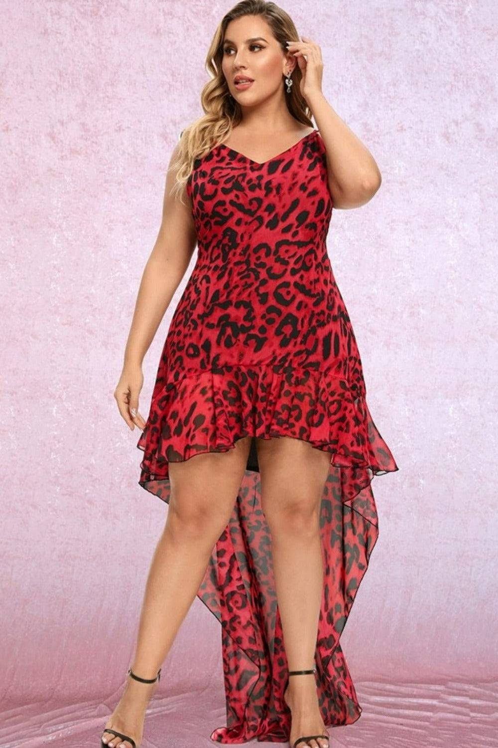 Red Long Train Plus Size Leopard Dress - TGC Boutique - Plus Size Dress