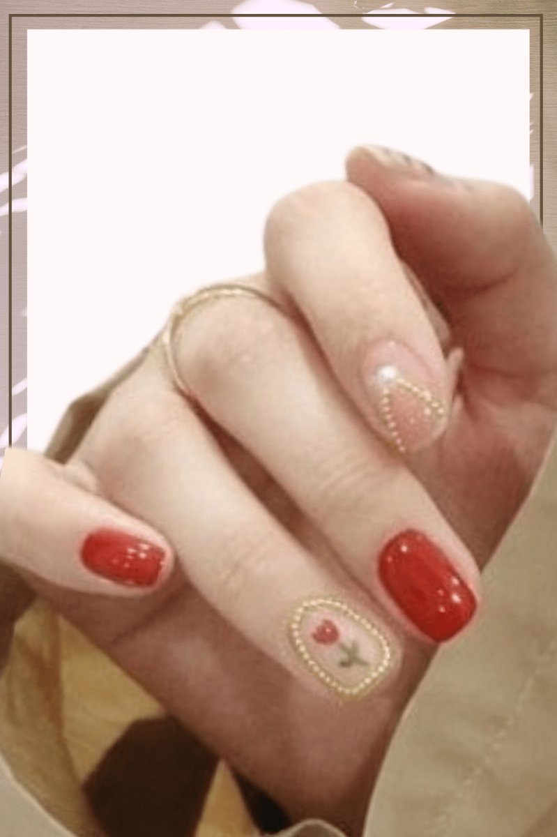 Red Press On Nails Flower Glossy Coffin Crystal Nail Kit - TGC Boutique - Press On Nails