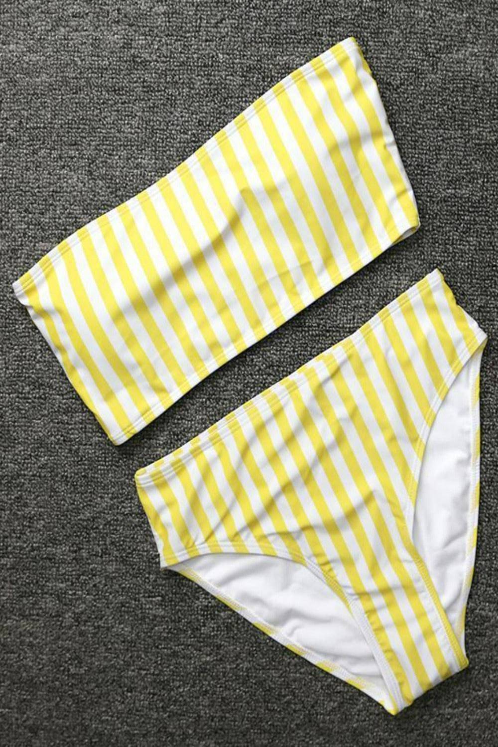 Retro Yellow Striped Strapless Bikini - TGC Boutique - Yellow Stirpes Swimsuit