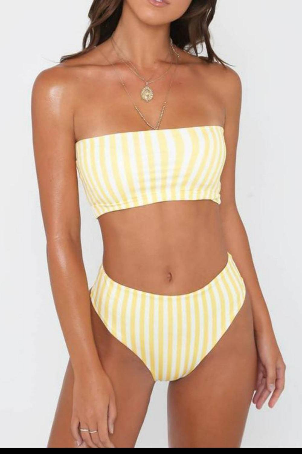Retro Yellow Striped Strapless Bikini - TGC Boutique - Yellow Stirpes Swimsuit