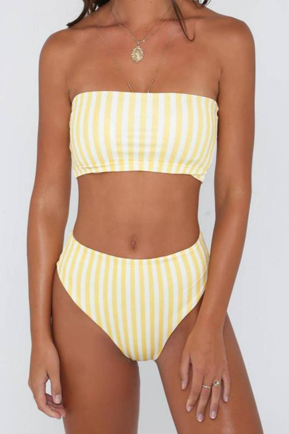 Retro Yellow Striped Strapless Bikini - TGC Boutique - Yellow Stirpes Swimsuit
