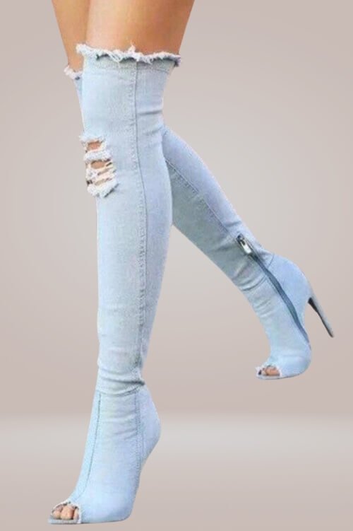 Ripped Denim Thigh High Boots - TGC Boutique - Denim Boots