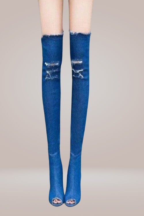 Ripped Denim Thigh High Boots - TGC Boutique - Denim Boots