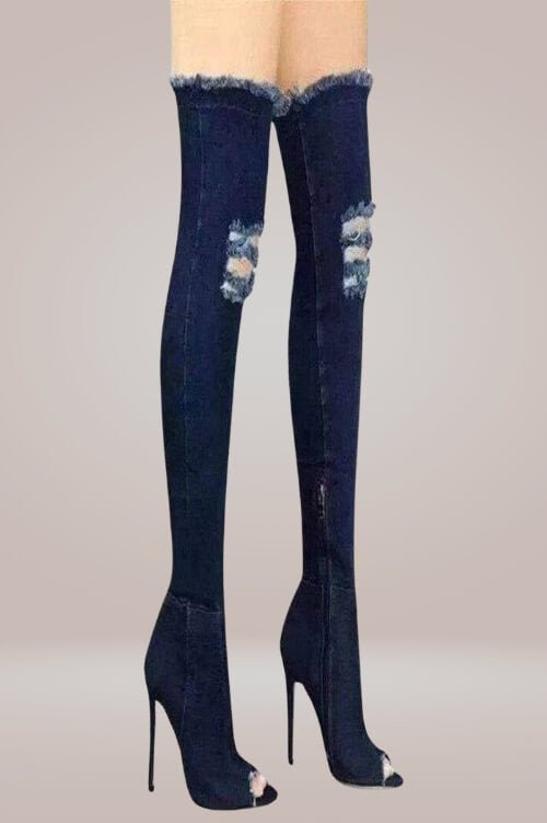 Ripped Denim Thigh High Boots - TGC Boutique - Denim Boots