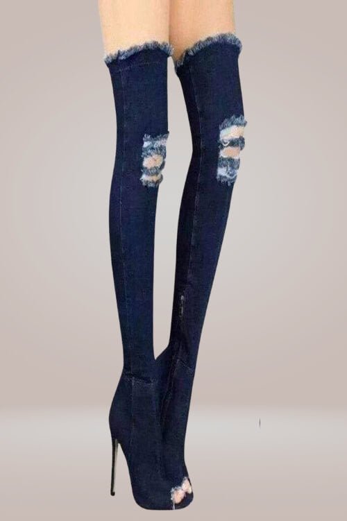 Ripped Denim Thigh High Boots - TGC Boutique - Denim Boots
