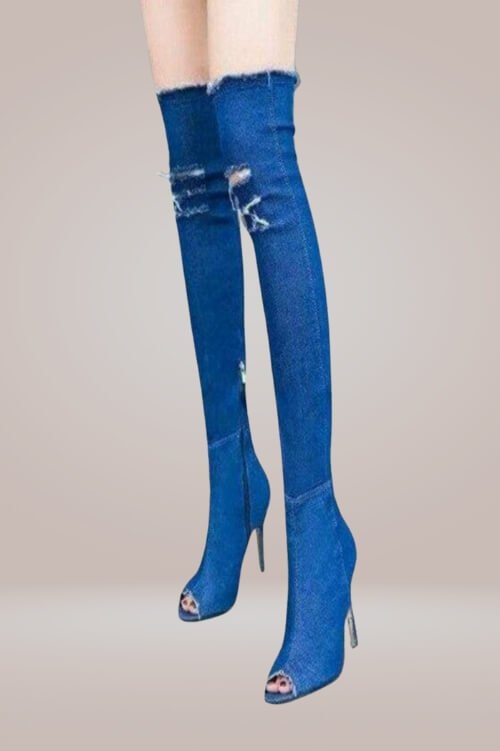 Ripped Denim Thigh High Boots - TGC Boutique - Denim Boots