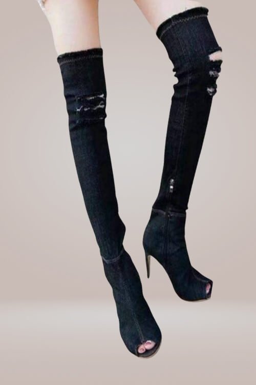 Ripped Denim Thigh High Boots - TGC Boutique - Denim Boots