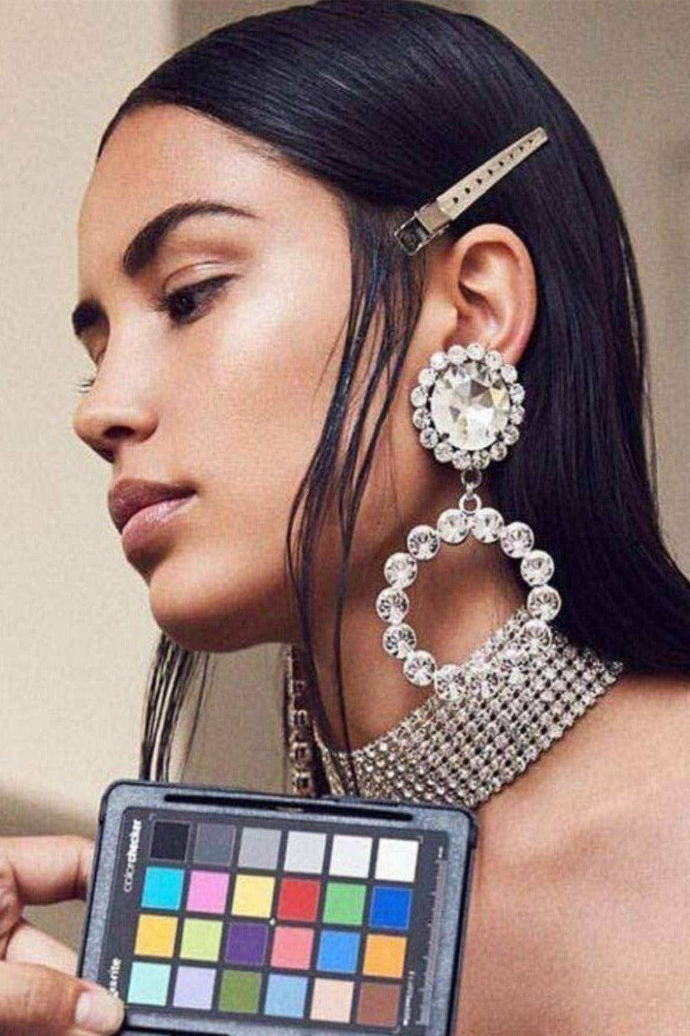 Round Stud Rhinestone Hoop Drop Earrings - TGC Boutique - Earrings