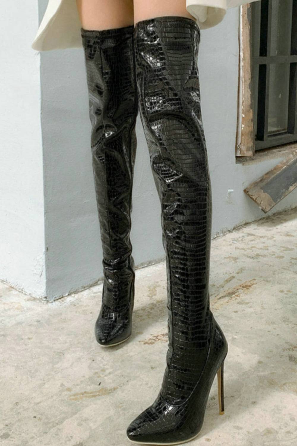 Ruby Metallic Knee High Black Crocodile Boots - TGC Boutique - Gold Boots