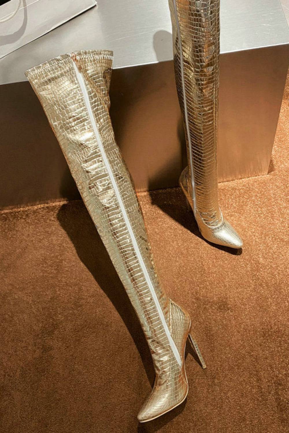 Ruby Metallic Knee High Gold Crocodile Boots - TGC Boutique - Gold Boots