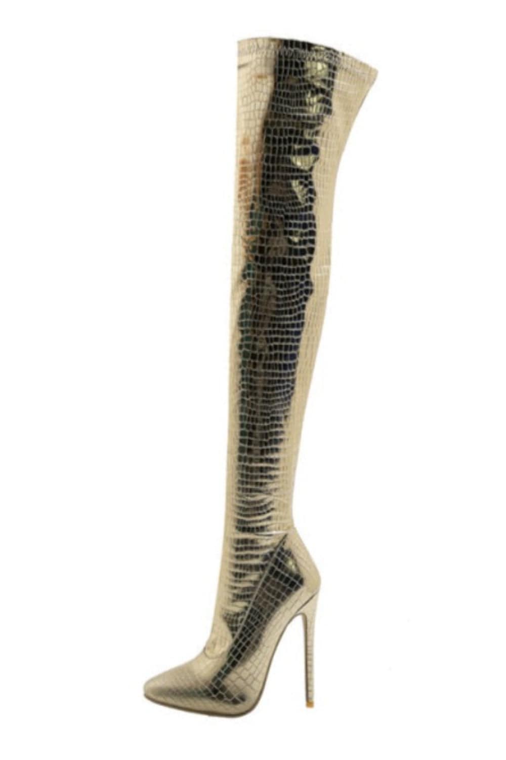 Ruby Metallic Knee High Gold Crocodile Boots - TGC Boutique - Gold Boots