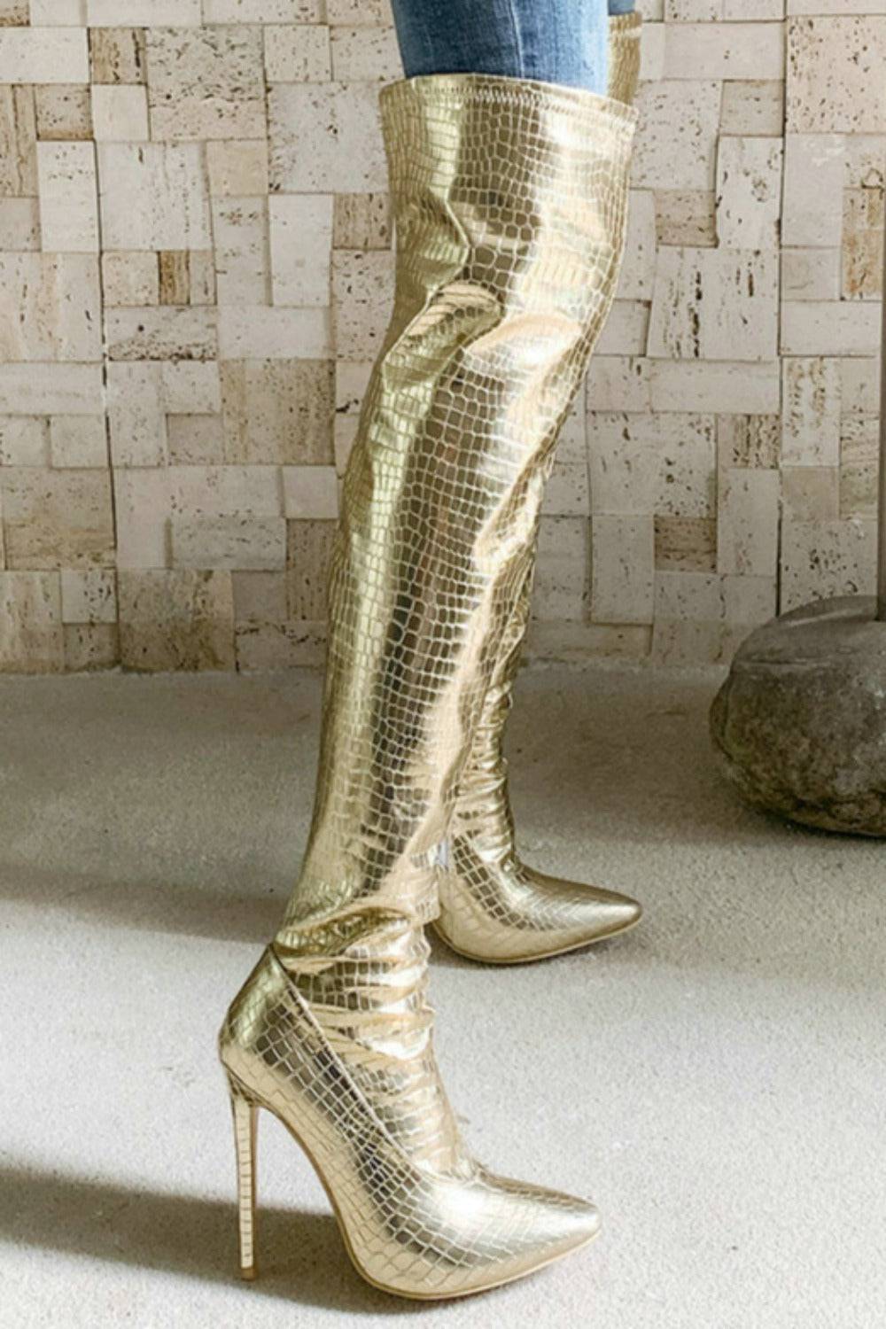 Ruby Metallic Knee High Gold Crocodile Boots - TGC Boutique - Gold Boots