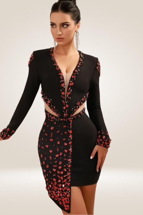 Ruby Rendezvous Embellished Cutout Mini Dress - TGC Boutique - Bodycon Dress