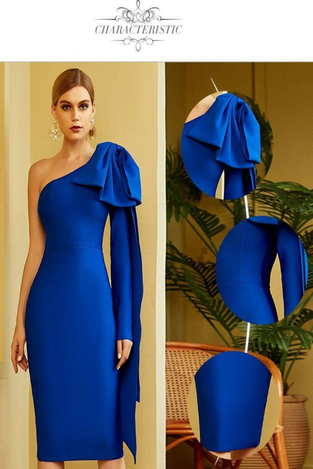Ruffle Bow Long Sleeve off the Shoulder Bodycon Blue Midi Cocktail Dress - TGC Boutique - Bodycon Dress