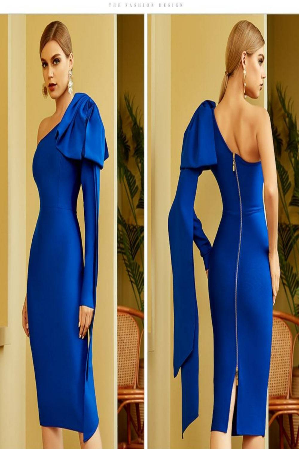 Ruffle Bow Long Sleeve off the Shoulder Bodycon Blue Midi Cocktail Dress - TGC Boutique - Bodycon Dress