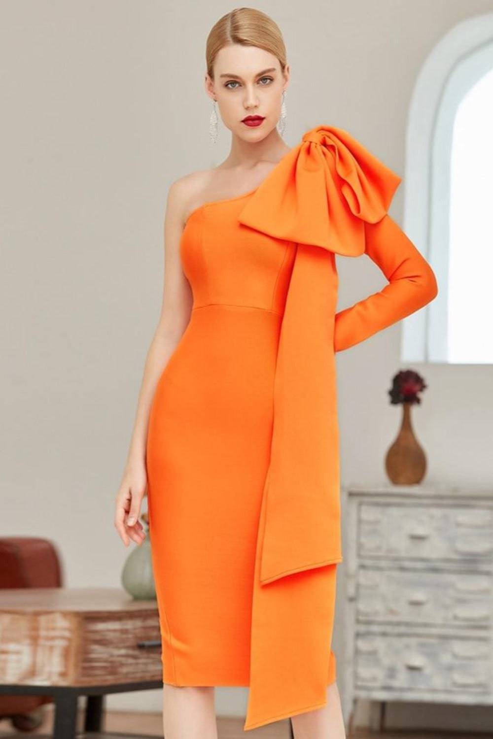 Ruffle Bow Long Sleeve off the Shoulder Bodycon Orange Midi Cocktail Dress - TGC Boutique - Bodycon Dress