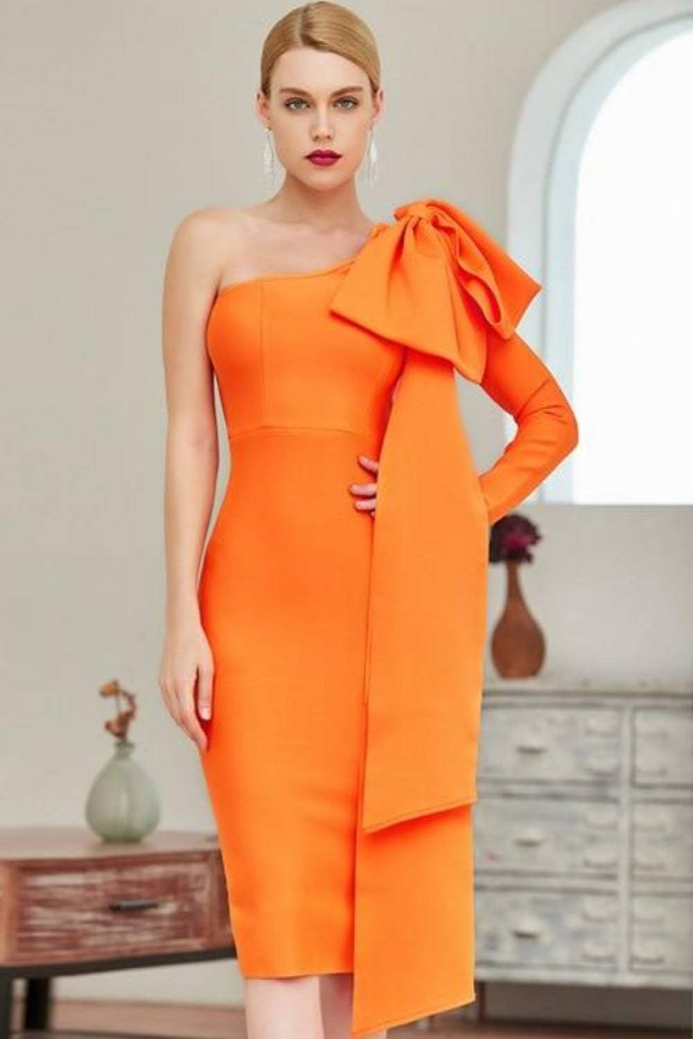 Ruffle Bow Long Sleeve off the Shoulder Bodycon Orange Midi Cocktail Dress - TGC Boutique - Bodycon Dress