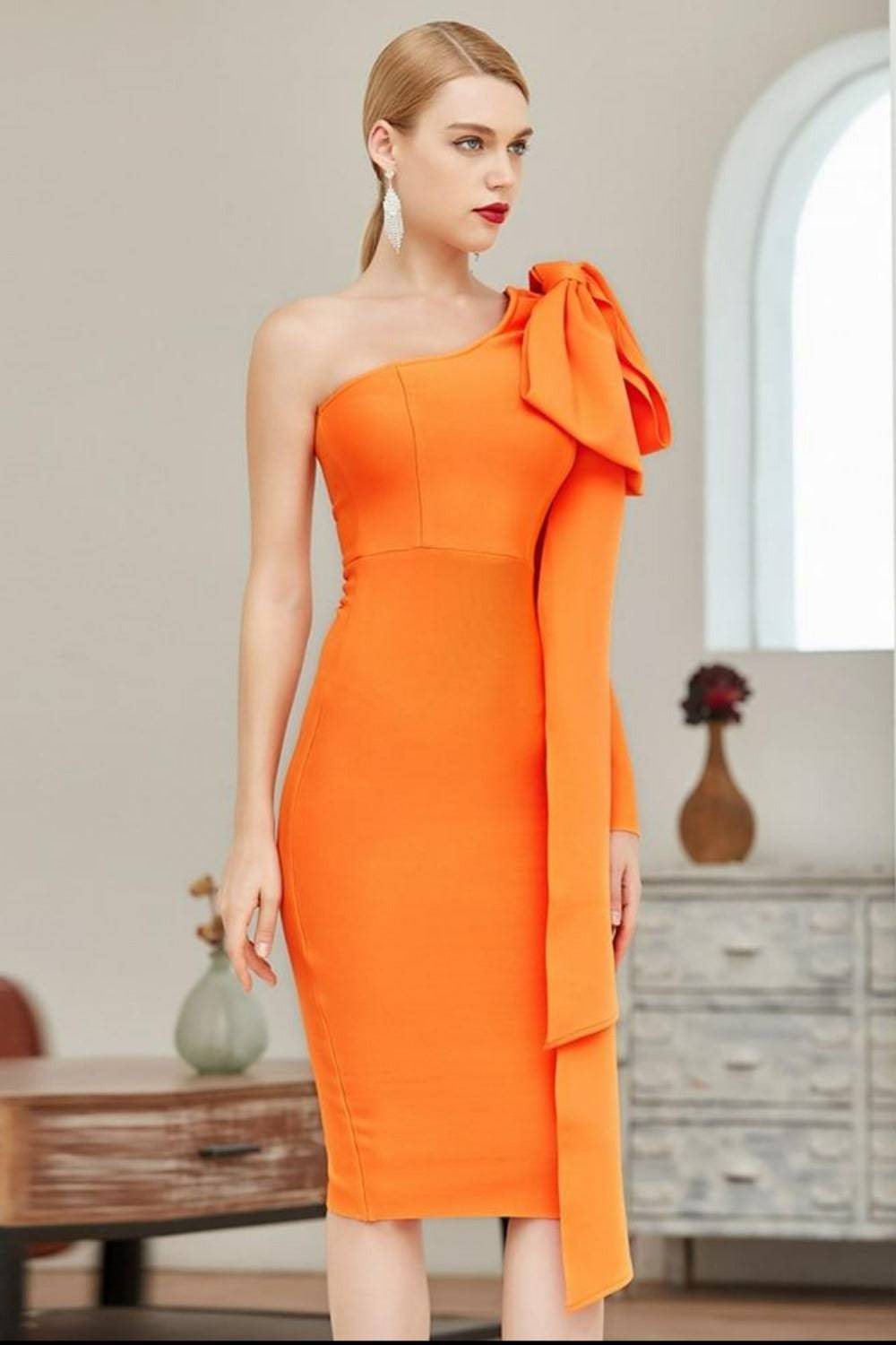 Ruffle Bow Long Sleeve off the Shoulder Bodycon Orange Midi Cocktail Dress - TGC Boutique - Bodycon Dress