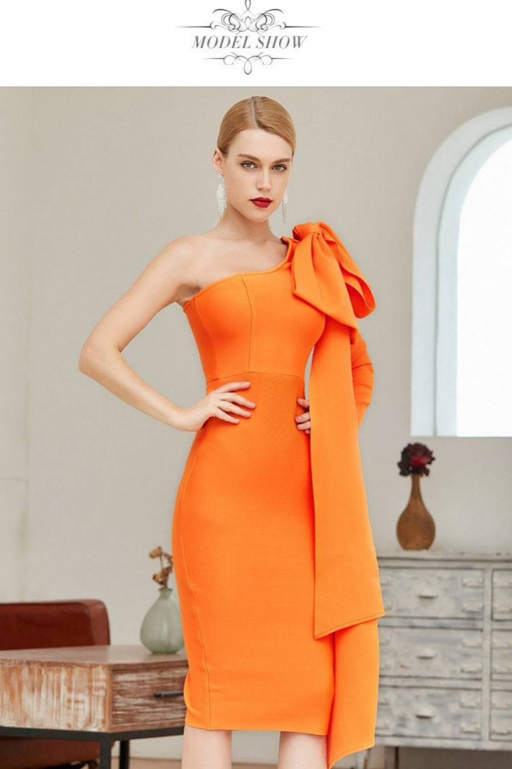Ruffle Bow Long Sleeve off the Shoulder Bodycon Orange Midi Cocktail Dress - TGC Boutique - Bodycon Dress