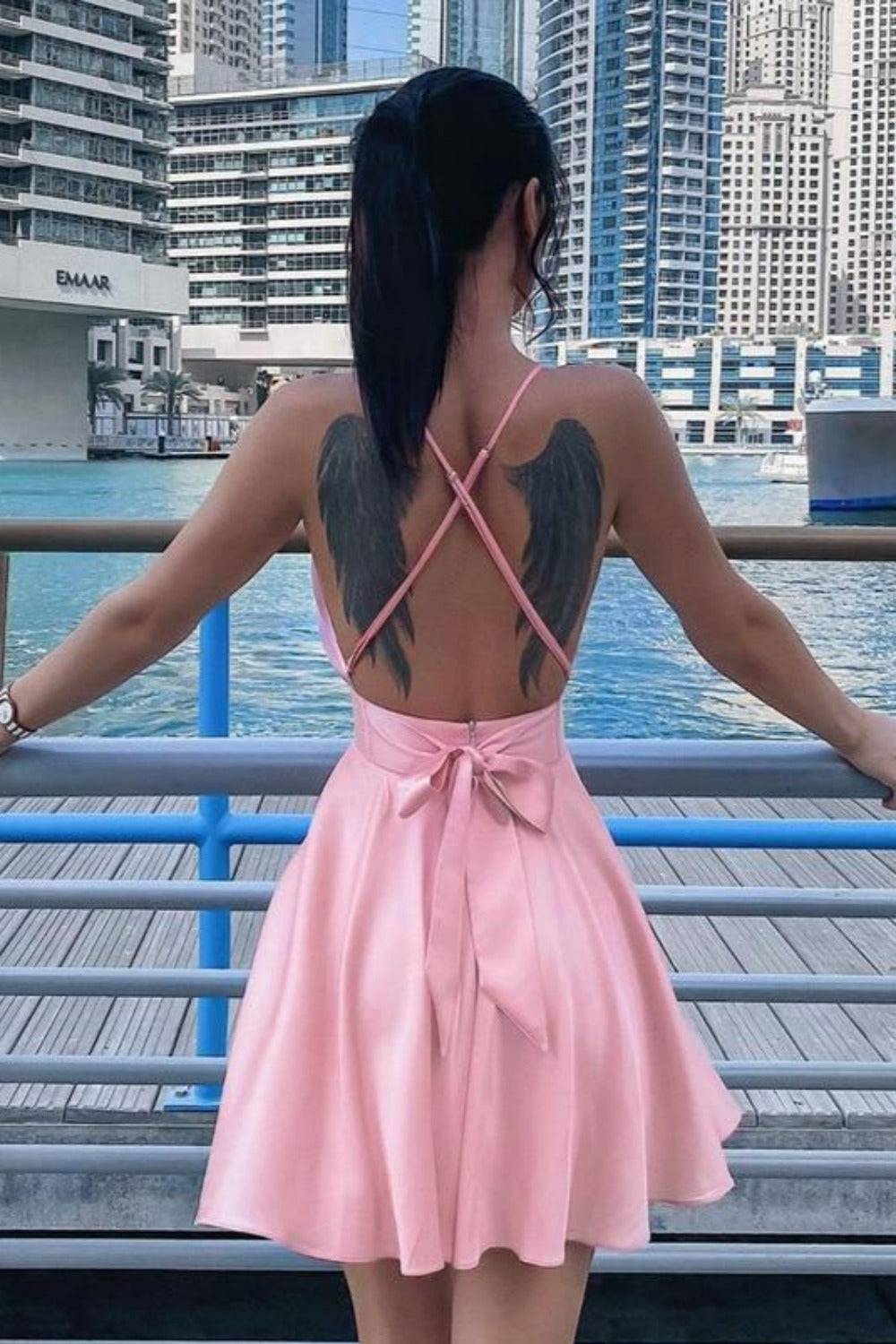 Satin V-Neck Backless Cocktail Mini Dress - TGC Boutique - Mini Dresses
